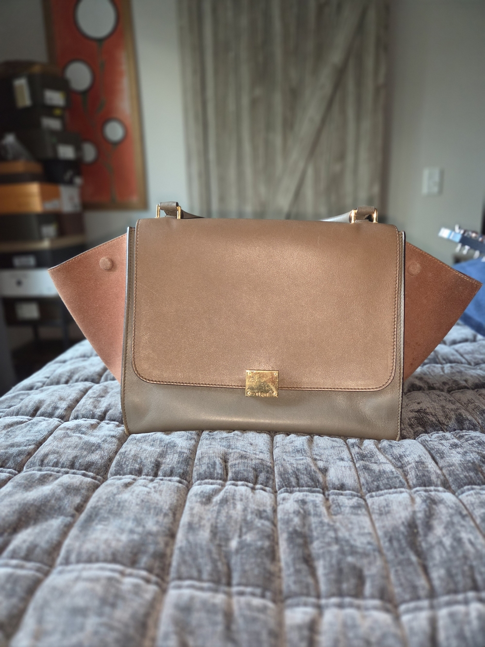Celine Two-Tone Brown Leather Winged Shoulder Bag with Gold Hardware